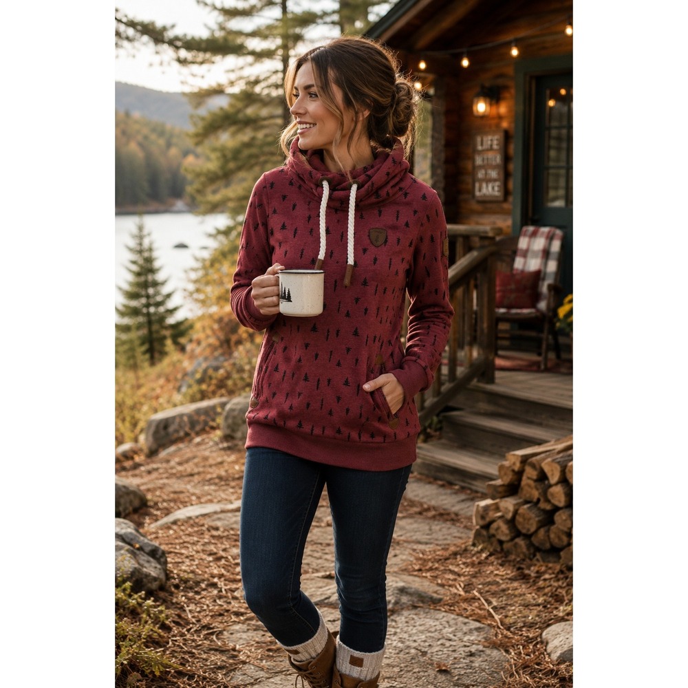 Wanakome Cowl Neck Hoodie Women L Pine Tree Print Burgundy Pullover Gorpcore